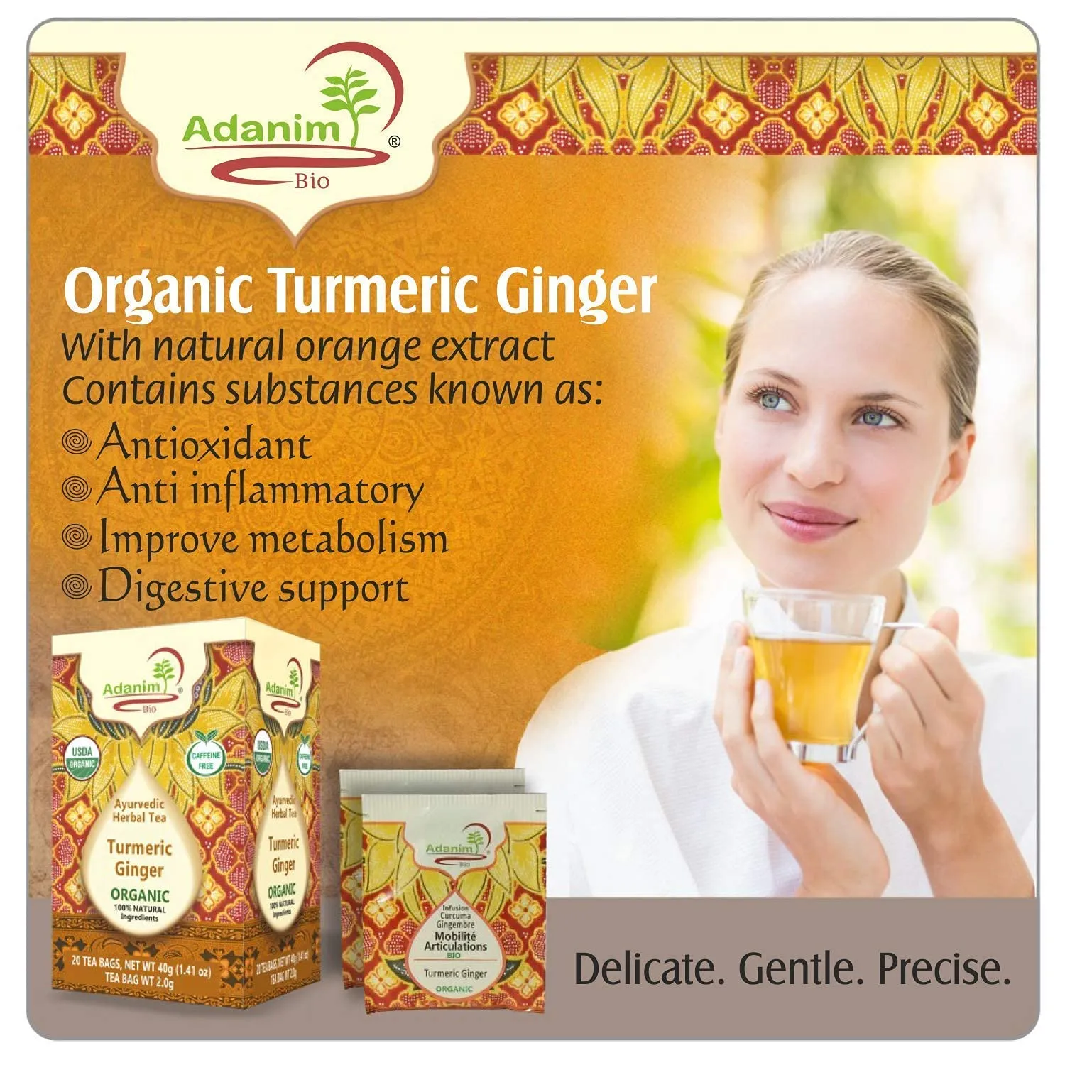 Adanim Bio Ginger Turmeric Tea, Value Pack 80 Teabags, Caffeine-free Organic Blend of Soothing and Flavorful Herbal Infusion for Overall Well-being