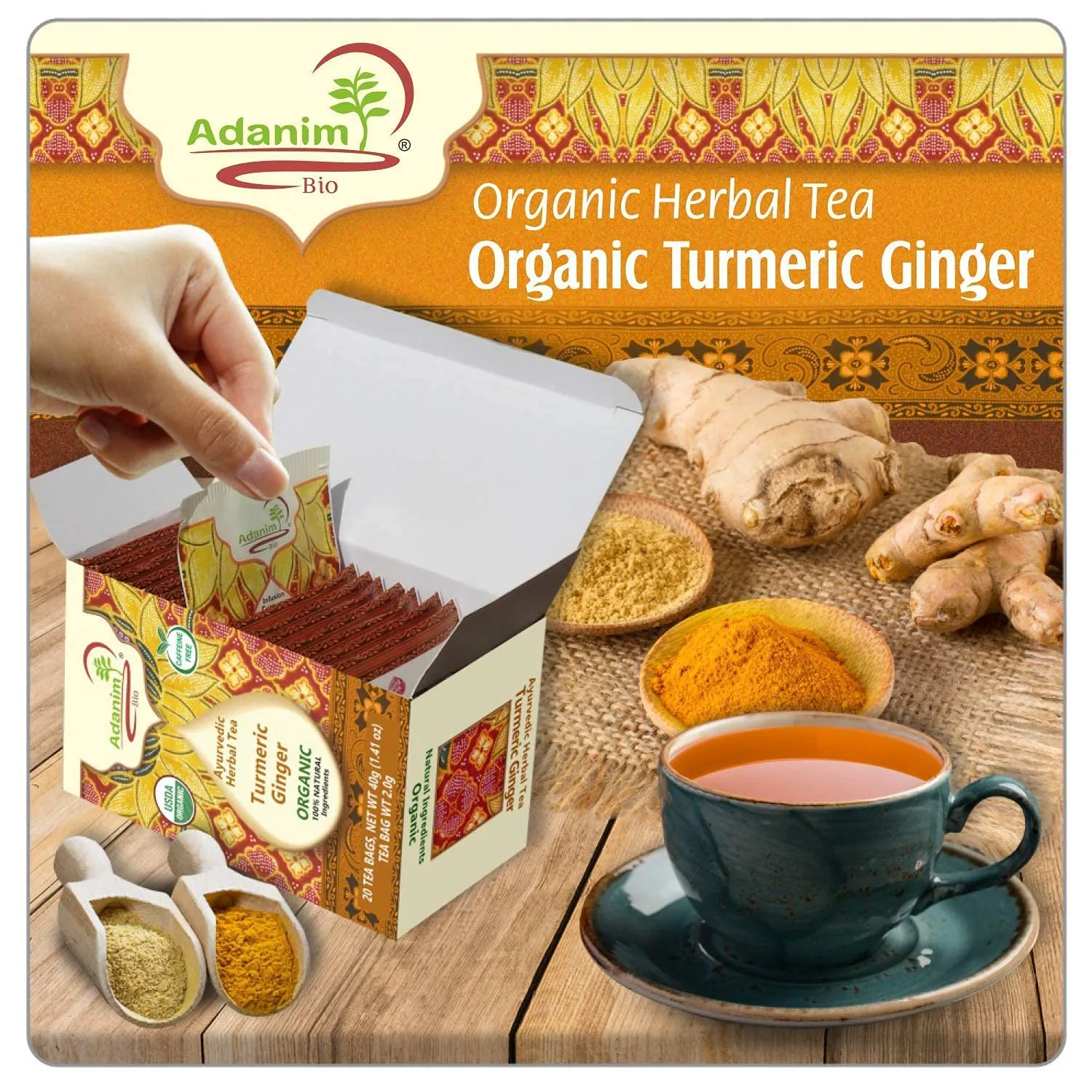 Adanim Bio Ginger Turmeric Tea, Value Pack 80 Teabags, Caffeine-free Organic Blend of Soothing and Flavorful Herbal Infusion for Overall Well-being