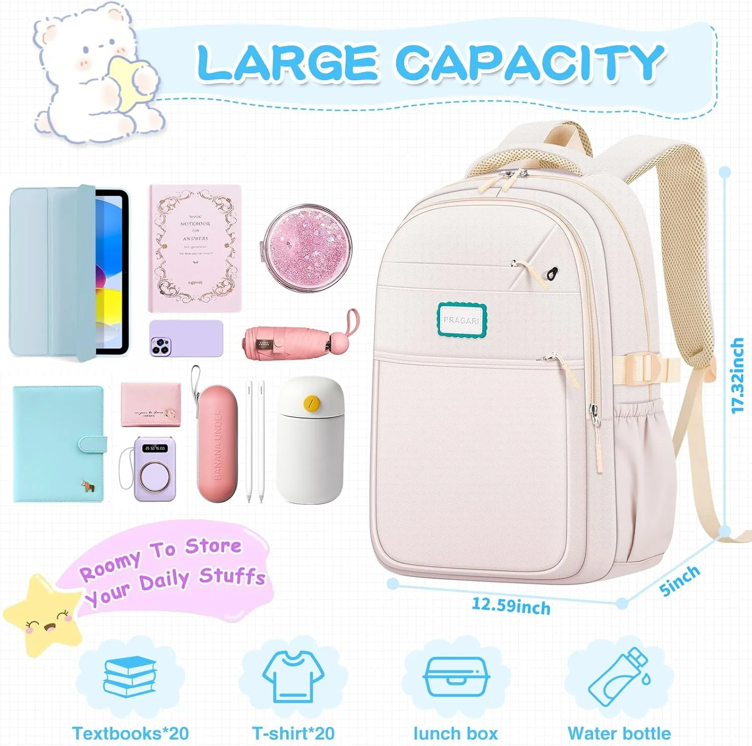 Aesthetic Backpack for School Cute Laptop White Backpack Teens Girls Travel Casaul Daypack Lightweight Book Bags