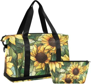 Aesthetic Sunflower Wasteland Style Duffel Bag Travel Overnight Carry on Bag with Adjustable Strap for Travel 2 Pcs Set