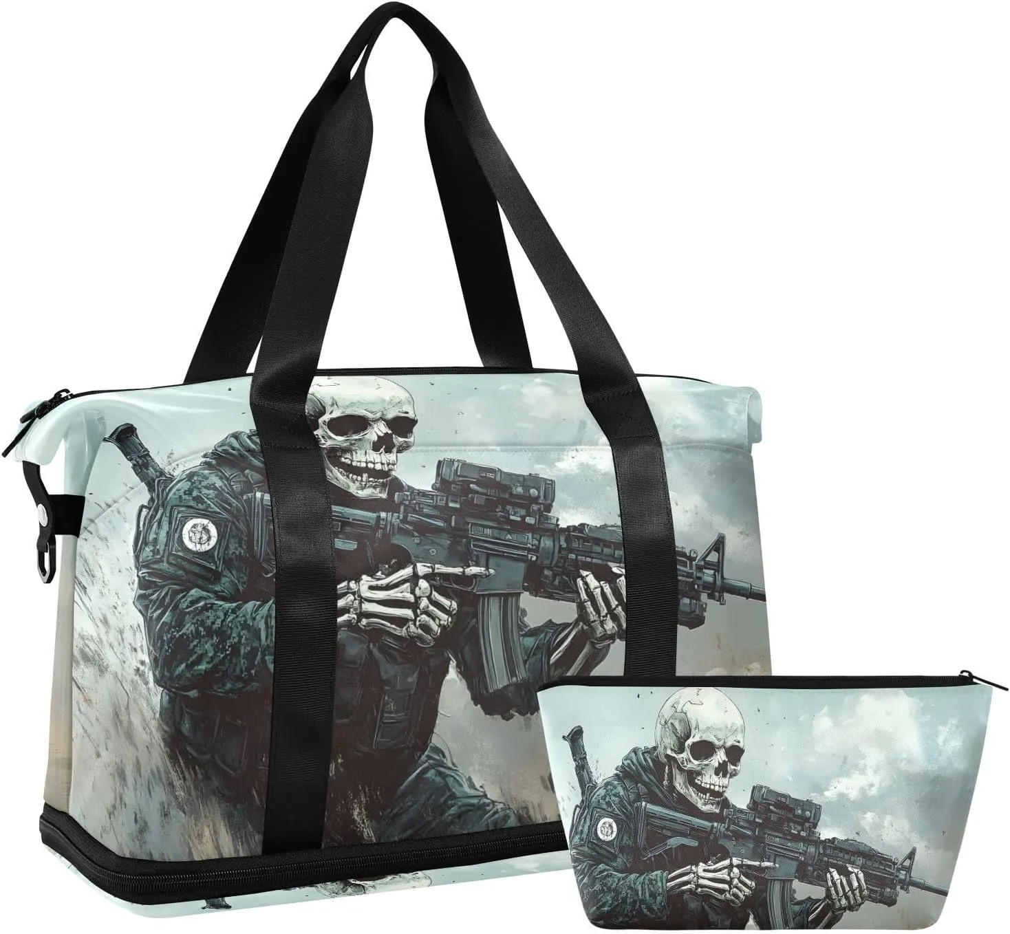 AIXIWAWA Black Skull Soldier Duffel Bags Set with Shoes Compartment Trolley Sleeve Removeable Strap for Workout Travel Gym