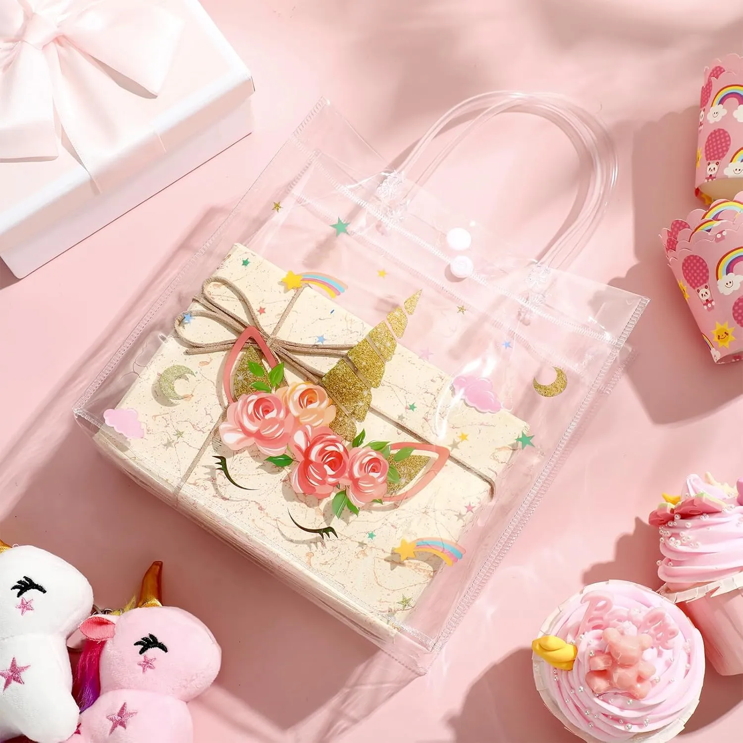 Aliceset 20 Pcs Unicorn Clear Favor Bags with Handles Plastic Treat Pink Unicorn Rainbow Goodie Bags for Birthday Party Supplies Candy, 8 x 8 x 3.15 Inch