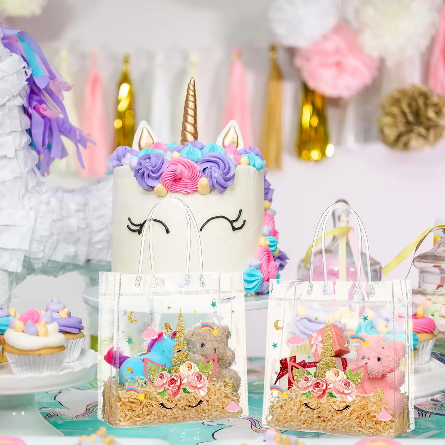 Aliceset 20 Pcs Unicorn Clear Favor Bags with Handles Plastic Treat Pink Unicorn Rainbow Goodie Bags for Birthday Party Supplies Candy, 8 x 8 x 3.15 Inch