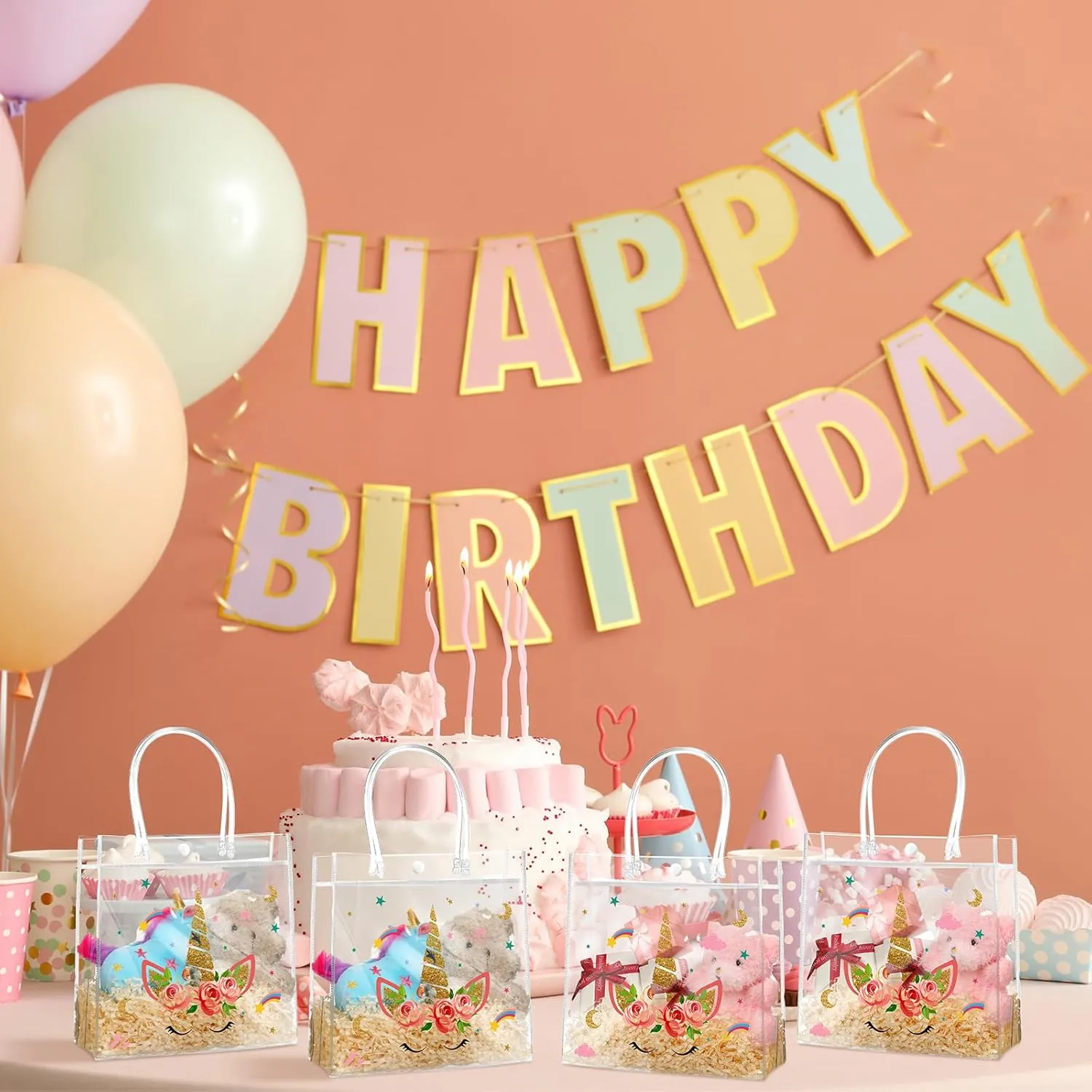 Aliceset 20 Pcs Unicorn Clear Favor Bags with Handles Plastic Treat Pink Unicorn Rainbow Goodie Bags for Birthday Party Supplies Candy, 8 x 8 x 3.15 Inch