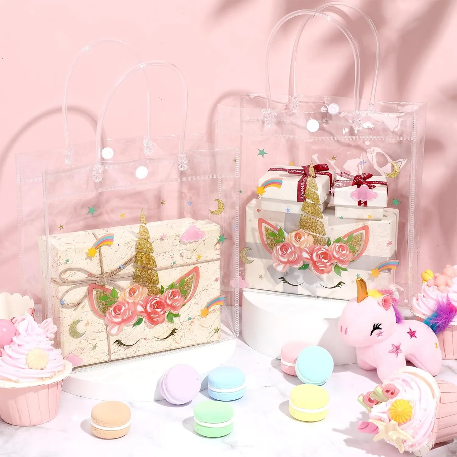 Aliceset 20 Pcs Unicorn Clear Favor Bags with Handles Plastic Treat Pink Unicorn Rainbow Goodie Bags for Birthday Party Supplies Candy, 8 x 8 x 3.15 Inch