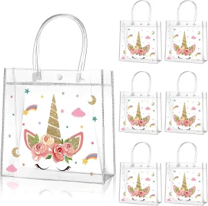 Aliceset 20 Pcs Unicorn Clear Favor Bags with Handles Plastic Treat Pink Unicorn Rainbow Goodie Bags for Birthday Party Supplies Candy, 8 x 8 x 3.15 Inch