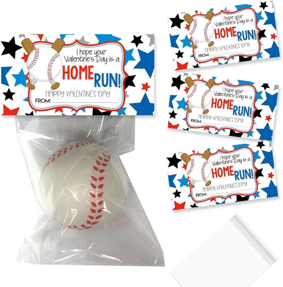 Amanda Creation Home Run Valentine Baseball Themed Happy Valentine's Day Bag Toppers for Party Favor Treat Bags, Set of 20 Bag Toppers With 20 Self-Adhesive Bags Also Included
