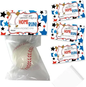 Amanda Creation Home Run Valentine Baseball Themed Happy Valentine's Day Bag Toppers for Party Favor Treat Bags, Set of 20 Bag Toppers With 20 Self-Adhesive Bags Also Included