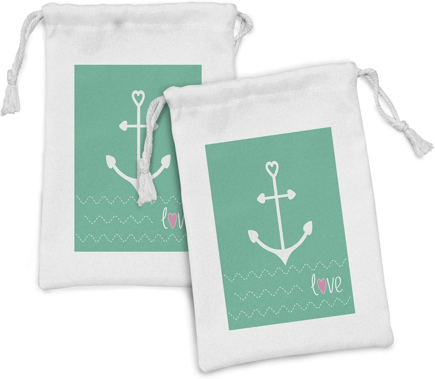 Ambesonne Anchor Fabric Pouch Set of 2, Anchor Heart Shapes and Wavy Lines on the Bottom Sailor Love Loyalty Romance, Small Drawstring Bag for Toiletries Masks and Favors, 9" x 6", Green Pink White