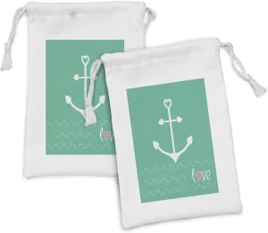 Ambesonne Anchor Fabric Pouch Set of 2, Anchor Heart Shapes and Wavy Lines on the Bottom Sailor Love Loyalty Romance, Small Drawstring Bag for Toiletries Masks and Favors, 9" x 6", Green Pink White