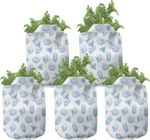 Ambesonne Geology Grow Bags 5-Pack, Gemstones Monochrome Design, Heavyduty Fabric Pots with Handles for Plants, Pale Blue Pale Blue