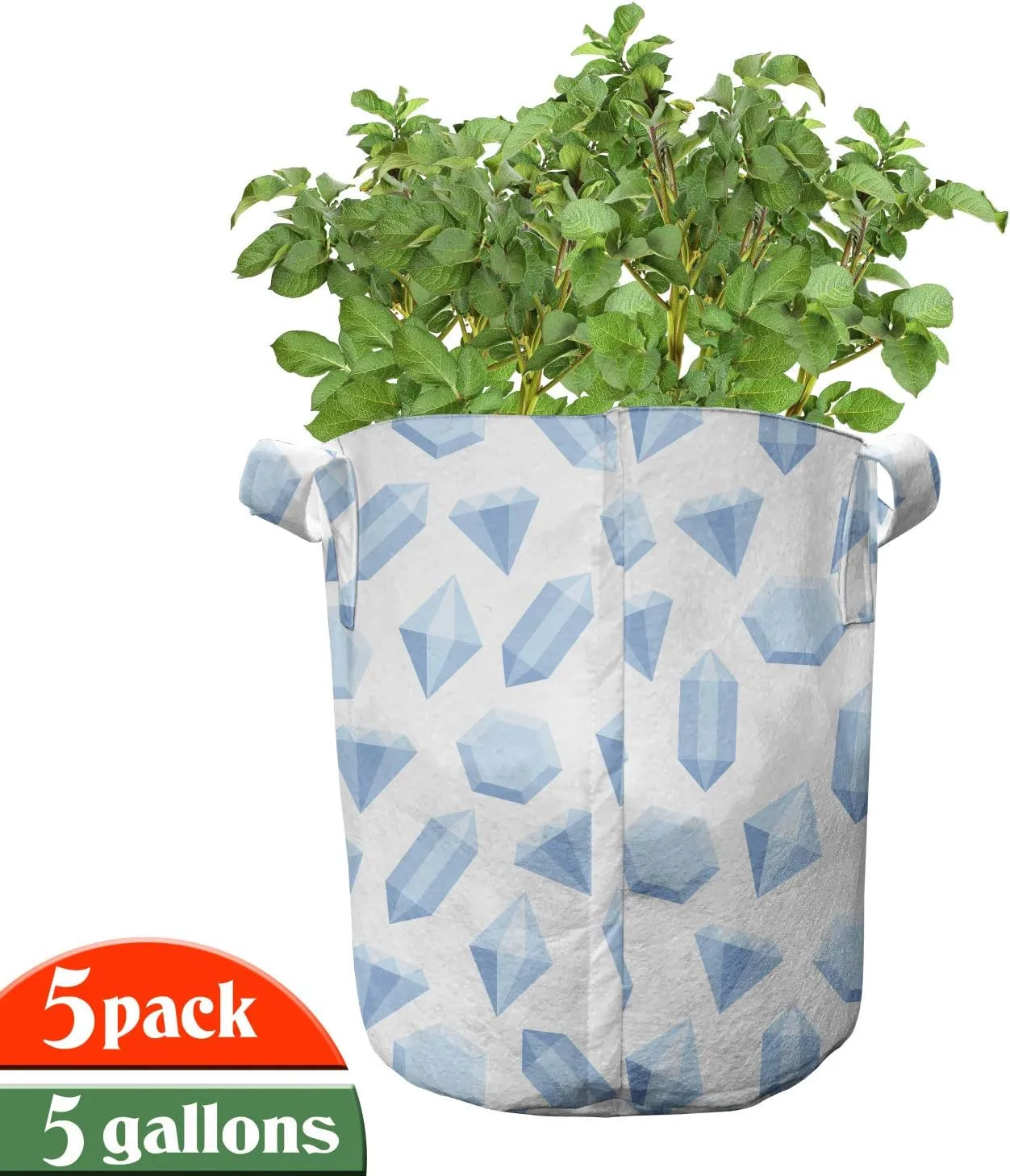 Ambesonne Geology Grow Bags 5-Pack, Gemstones Monochrome Design, Heavyduty Fabric Pots with Handles for Plants, Pale Blue Pale Blue