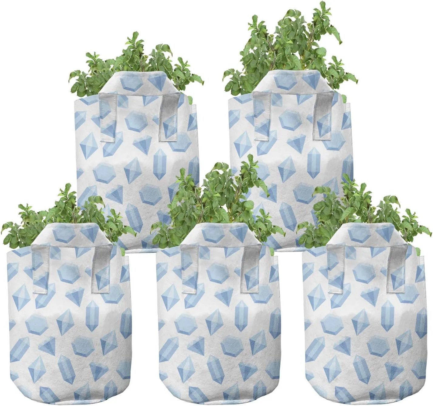Ambesonne Geology Grow Bags 5-Pack, Gemstones Monochrome Design, Heavyduty Fabric Pots with Handles for Plants, Pale Blue Pale Blue