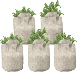 Ambesonne Neutral Color Grow Bags 5-Pack, Dotted Droplet Motifs, Heavyduty Fabric Pots with Handles for Plants, 7 Gallon, Champagne and Beige