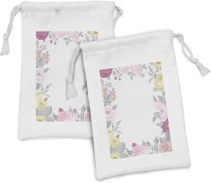 Ambesonne Shabby Flora Fabric Pouch Set of 2, Garden of Wild Roses Framework Vintage Style Colorful Botanical Illustration, Small Drawstring Bag for Toiletries Masks and Favors, 9" x 6", Multicolor