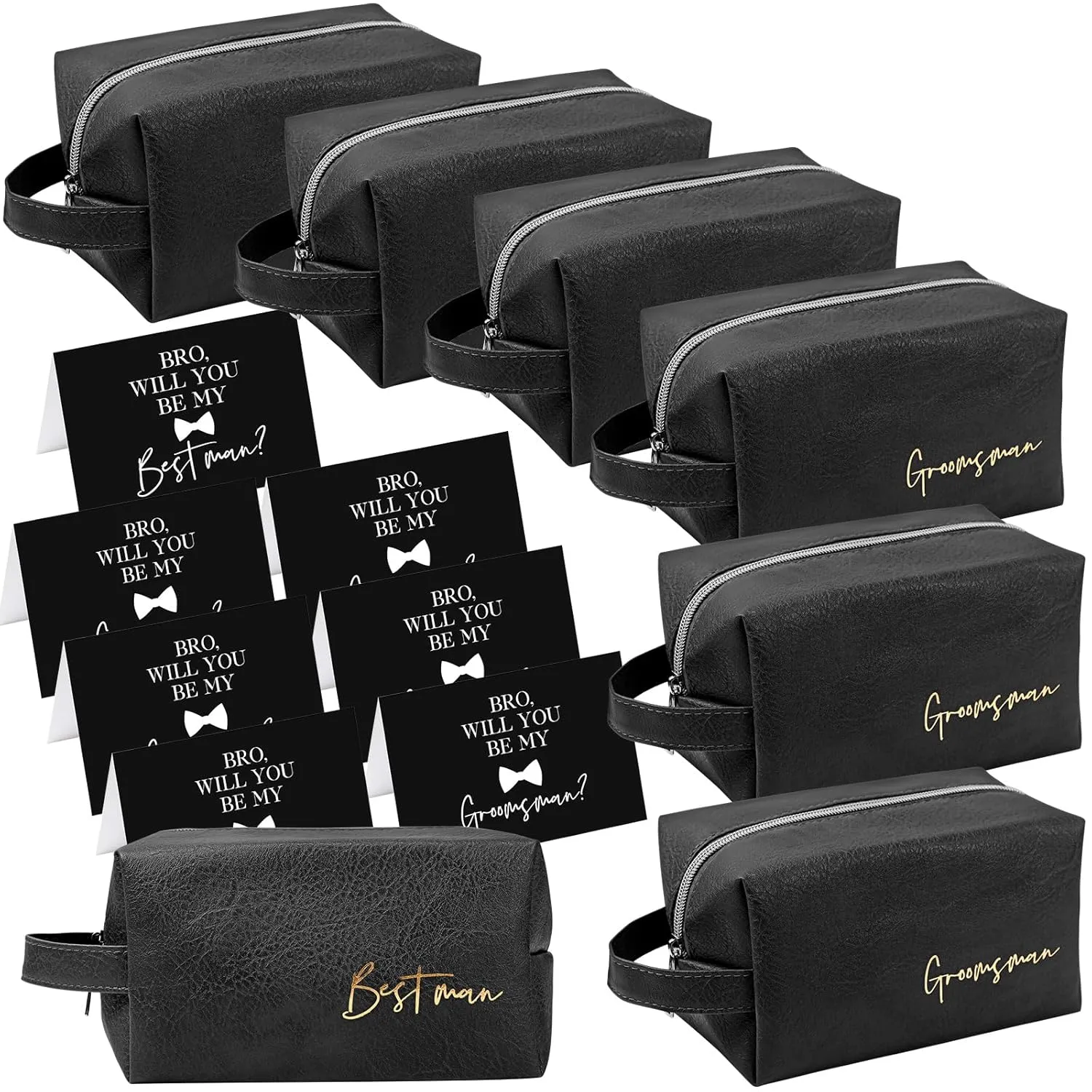 Amylove 7 Sets Groomsmen Toiletry Bag for Men Groomsman Gifts Wedding Proposal Gift for Best Man PU Leather Cosmetic Bags with Zipper Bowknot Greeting Card for Wedding Toiletries Accessories(Black)