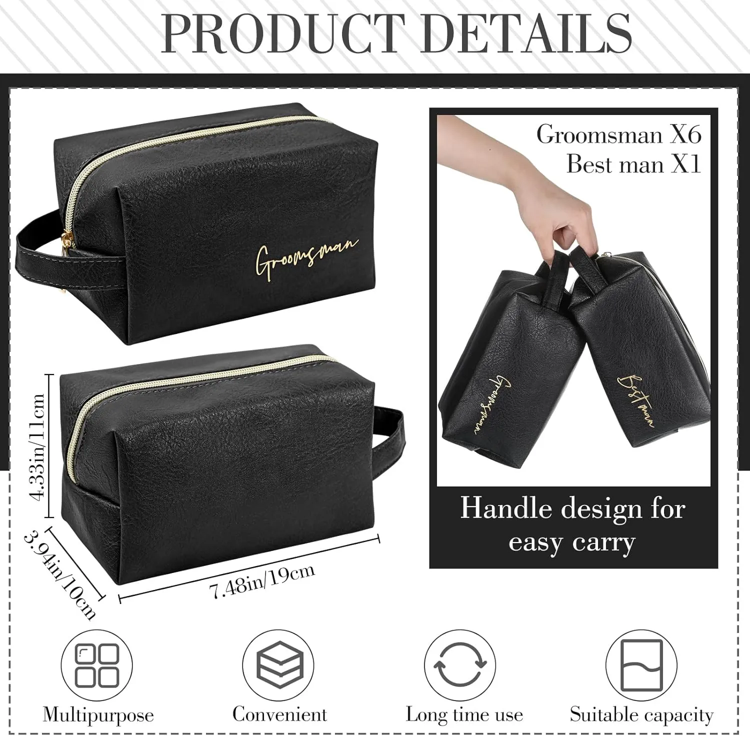 Amylove 7 Sets Groomsmen Toiletry Bag for Men Groomsman Gifts Wedding Proposal Gift for Best Man PU Leather Cosmetic Bags with Zipper Bowknot Greeting Card for Wedding Toiletries Accessories(Black)