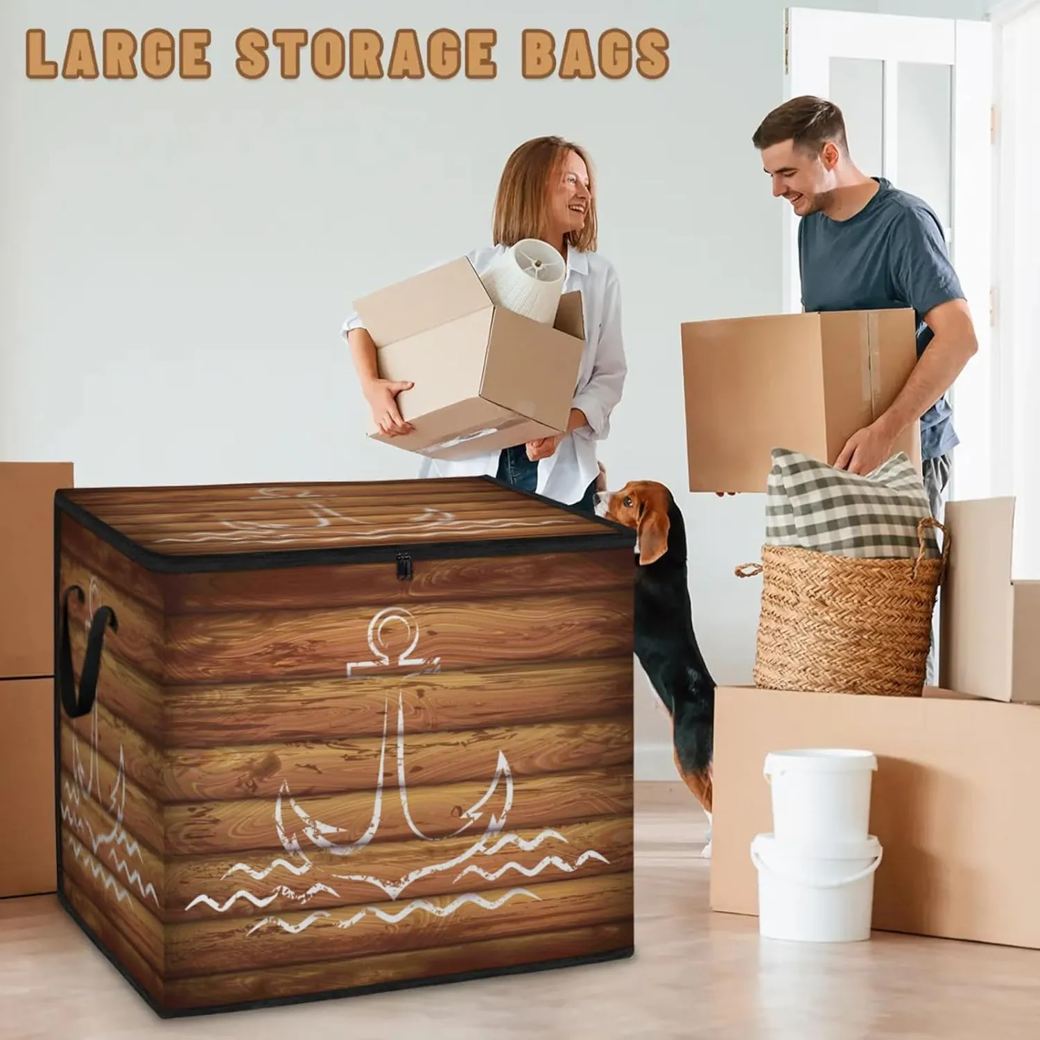 Anchor Emblem Wooden Planks Background Extra Large Storage Bags 214L Foldable Clothes Storage Containers Closet Organizers Storage Bins with Handles for Clothing Blanket Bedding Comforter