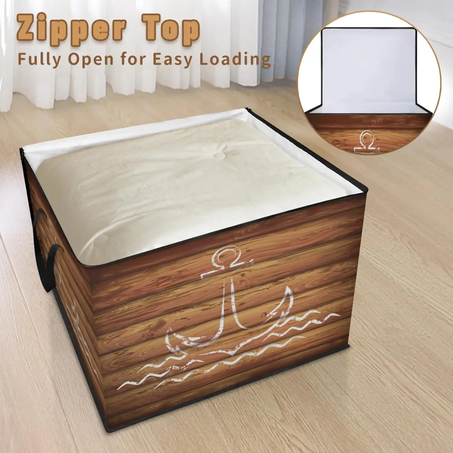 Anchor Emblem Wooden Planks Background Extra Large Storage Bags 214L Foldable Clothes Storage Containers Closet Organizers Storage Bins with Handles for Clothing Blanket Bedding Comforter