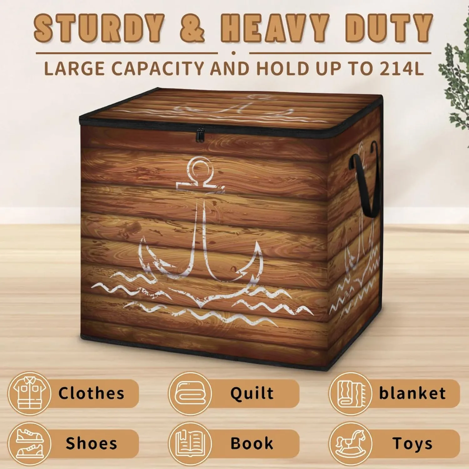 Anchor Emblem Wooden Planks Background Extra Large Storage Bags 214L Foldable Clothes Storage Containers Closet Organizers Storage Bins with Handles for Clothing Blanket Bedding Comforter