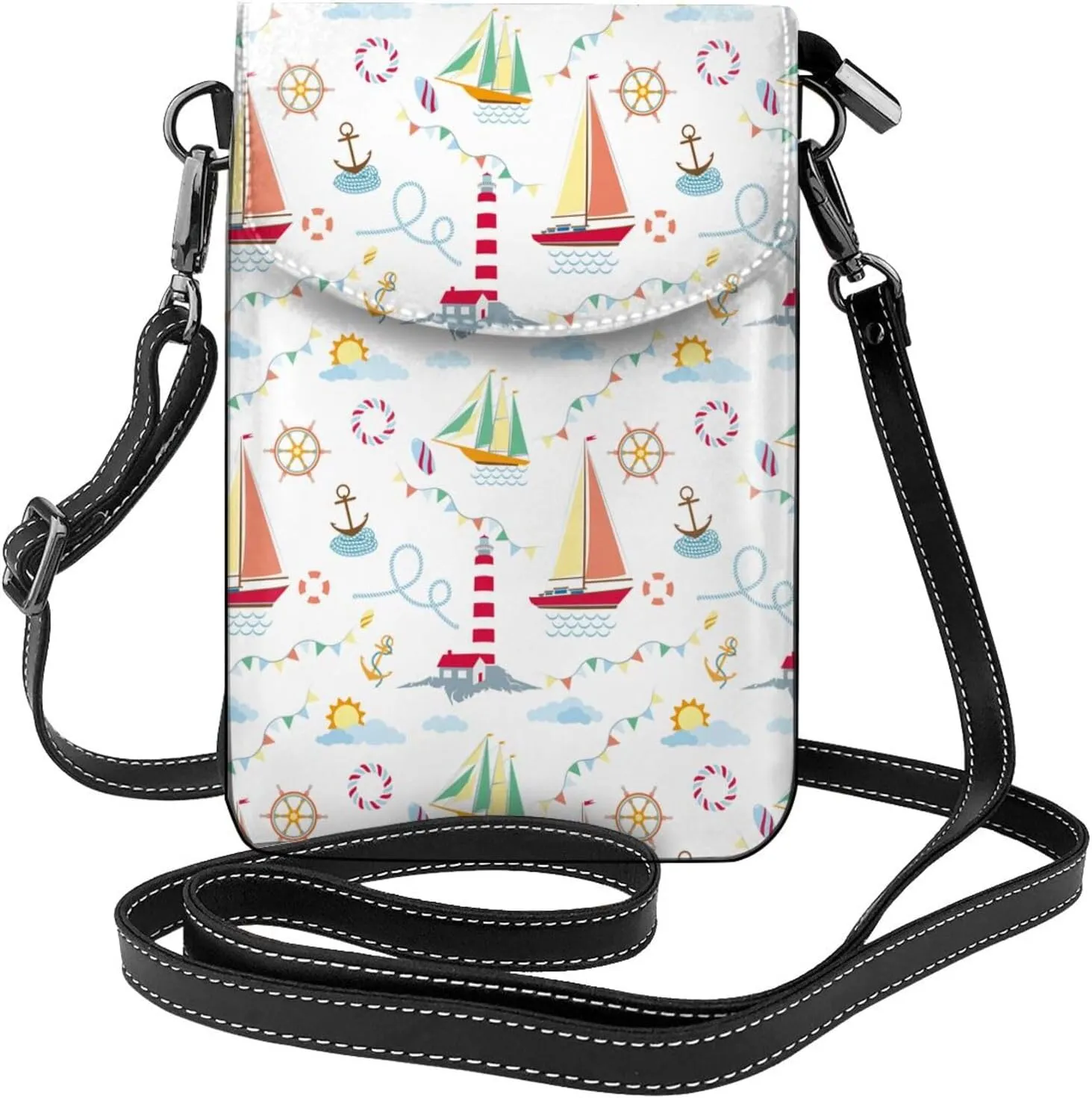 Anchor Lighthouse Sailboat Small Crossbody Bags for Women Travel Cell Phone Pouch PU Leather Cross Body Bag Adjustable Shoulder Strap Phone Purses Lightweight Wallet Purse with Credit Card Slots