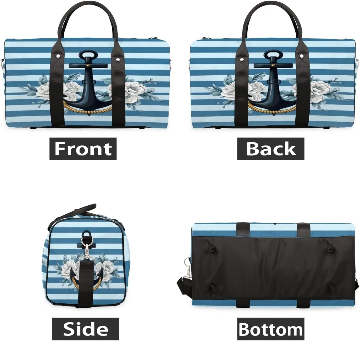 Anchor Travel Duffle Bag, Sports Gym Bags for Women Men, Carry On Weekender Overnight Bag, Stripe Nautical Ocean Workout Hospital Airplane Trips Bag