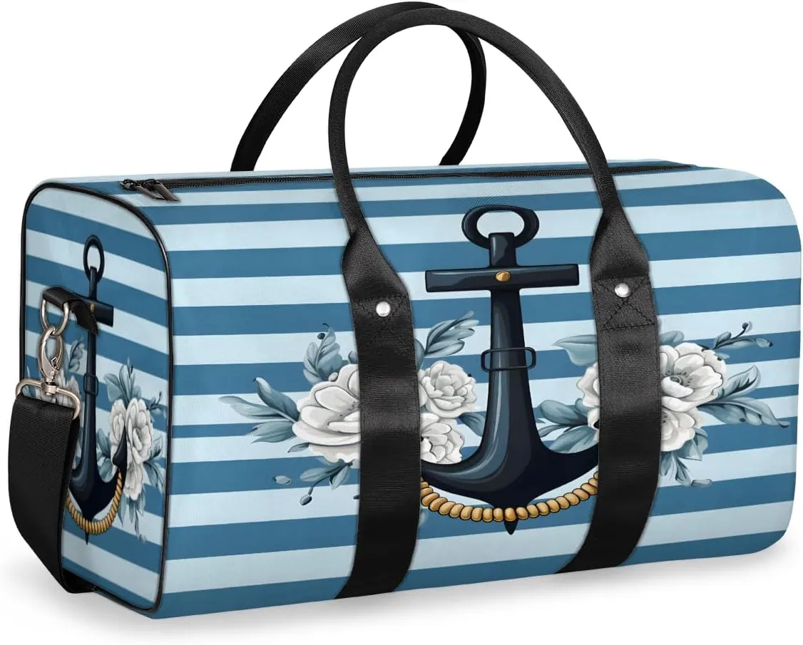 Anchor Travel Duffle Bag, Sports Gym Bags for Women Men, Carry On Weekender Overnight Bag, Stripe Nautical Ocean Workout Hospital Airplane Trips Bag