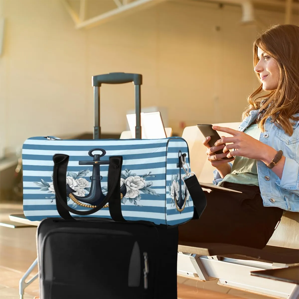 Anchor Travel Duffle Bag, Sports Gym Bags for Women Men, Carry On Weekender Overnight Bag, Stripe Nautical Ocean Workout Hospital Airplane Trips Bag