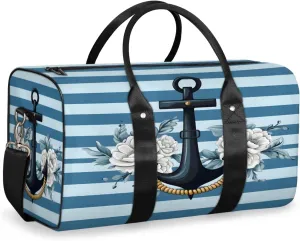 Anchor Travel Duffle Bag, Sports Gym Bags for Women Men, Carry On Weekender Overnight Bag, Stripe Nautical Ocean Workout Hospital Airplane Trips Bag