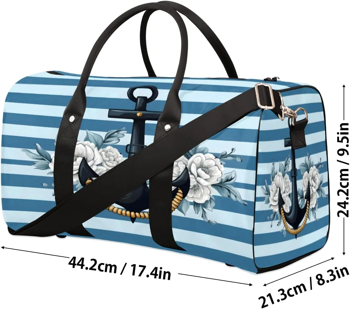 Anchor Travel Duffle Bag, Sports Gym Bags for Women Men, Carry On Weekender Overnight Bag, Stripe Nautical Ocean Workout Hospital Airplane Trips Bag