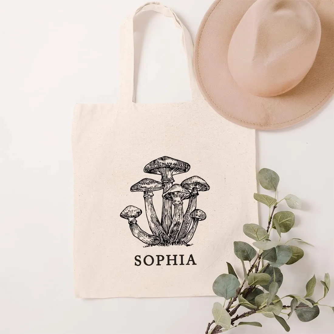 Andaz Press Personalized Canvas Tote Bags for Women, Custom Name Mushrooms Reusable Tote Bag, Beach, Shopping, Gym, Grocery, School Bag, Birthday Gifts for Adults, 1-Pack