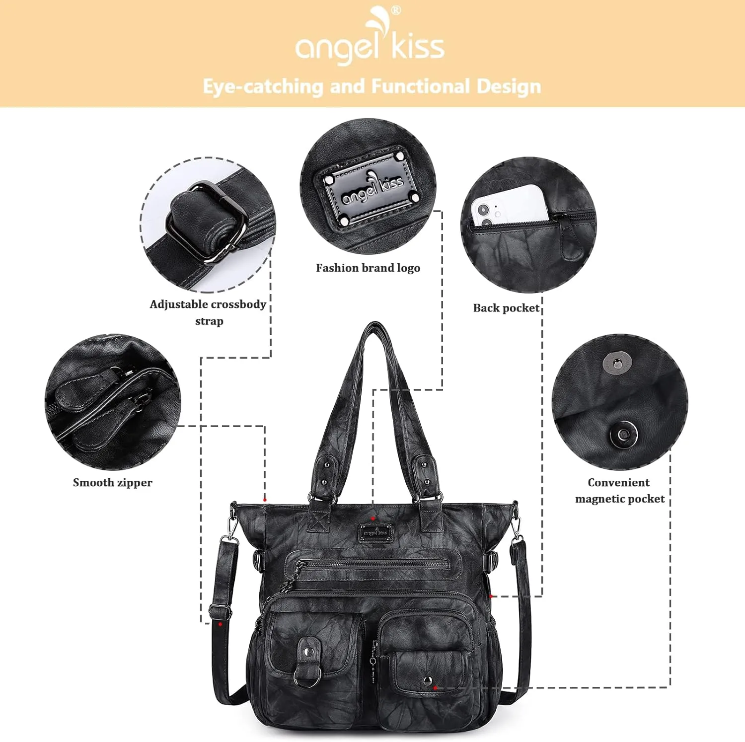 Angelkiss Purses Handbags for Women PU Tote Satchel Bags for Women Pockets Shoulder Bags…