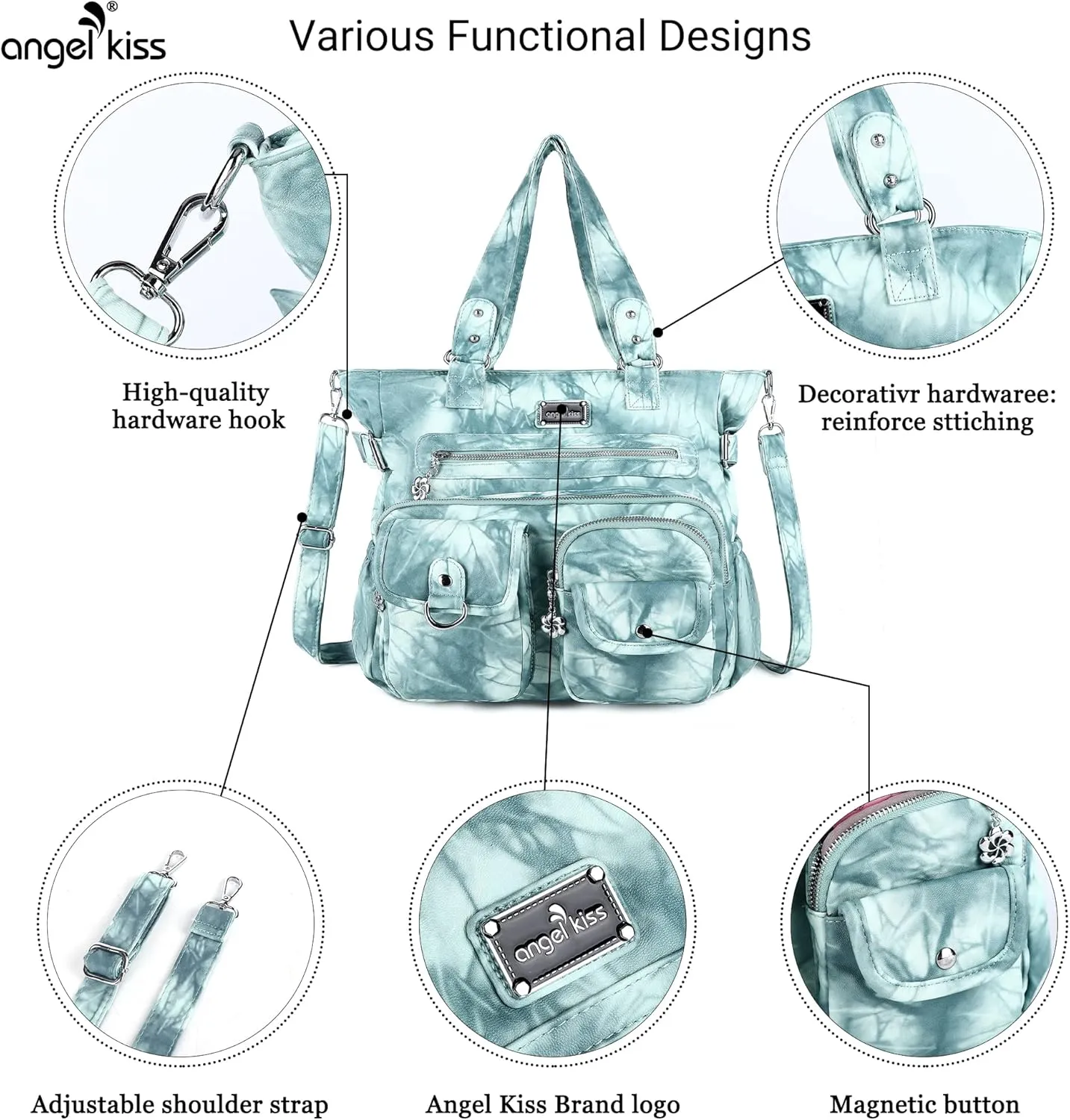 Angelkiss Purses Handbags for Women PU Tote Satchel Bags for Women Pockets Shoulder Bags…