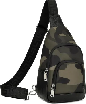 AO ALI VICTORY Fanny Packs for Women Small Crossbody Bags Sling Purses Anti Theft Cross Body Shoulder Bag for Travel Work Waterproof Nylon Chest Bag with Leather Gifts for Mom（Black- Camo Green）