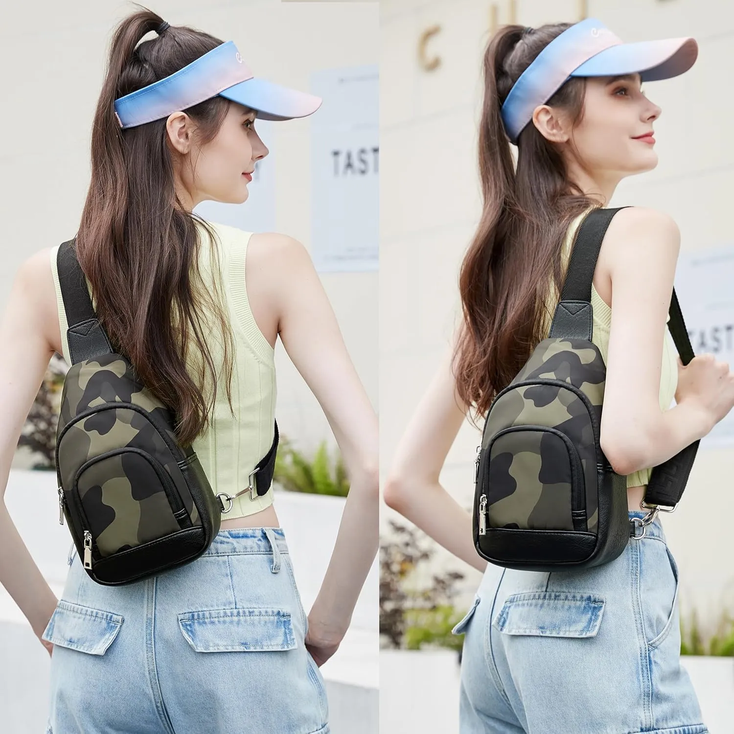 AO ALI VICTORY Fanny Packs for Women Small Crossbody Bags Sling Purses Anti Theft Cross Body Shoulder Bag for Travel Work Waterproof Nylon Chest Bag with Leather Gifts for Mom（Black- Camo Green）