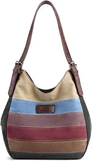 APLUSH Vintage Canvas Shoulder Bags Colorful Striped Shopper Bag Large Capacity Women Commuting Handbags,Black,One Size