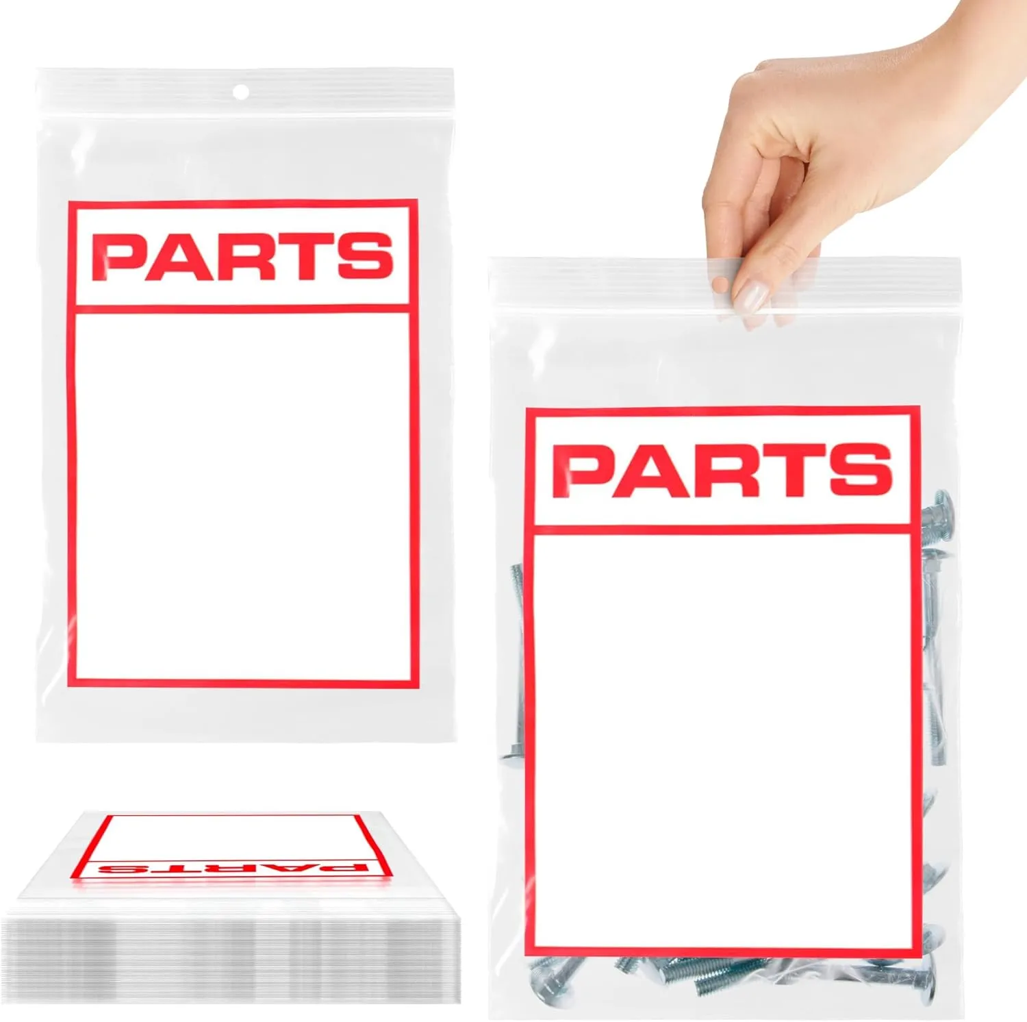 APQ Pack of 100 Zip Lock Bags 6 x 9. Seal Top White Block Bags 6x9. Heavy Duty Plastic Bags 4 Mil. Printed"Parts" Resealable polyethylene Storage Bags with Hang Hole. Zipper Lock Poly Bags for Parts.