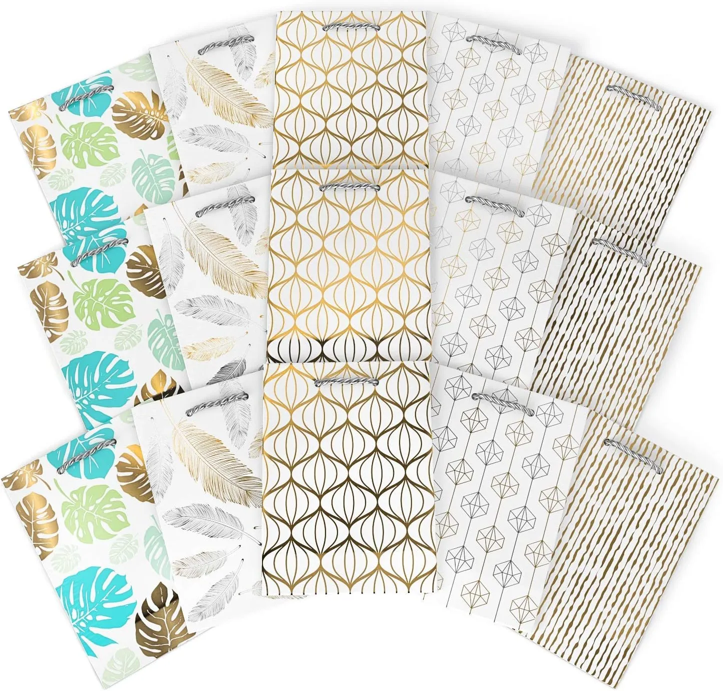 Arteza Gift Bags 9.5”x7”x3.4”, Set of 15 Bags (5 White Designs, 3 Pieces in Each Style), Perfect for Any Holiday Occasion, Graduations, Birthday Parties, and More!