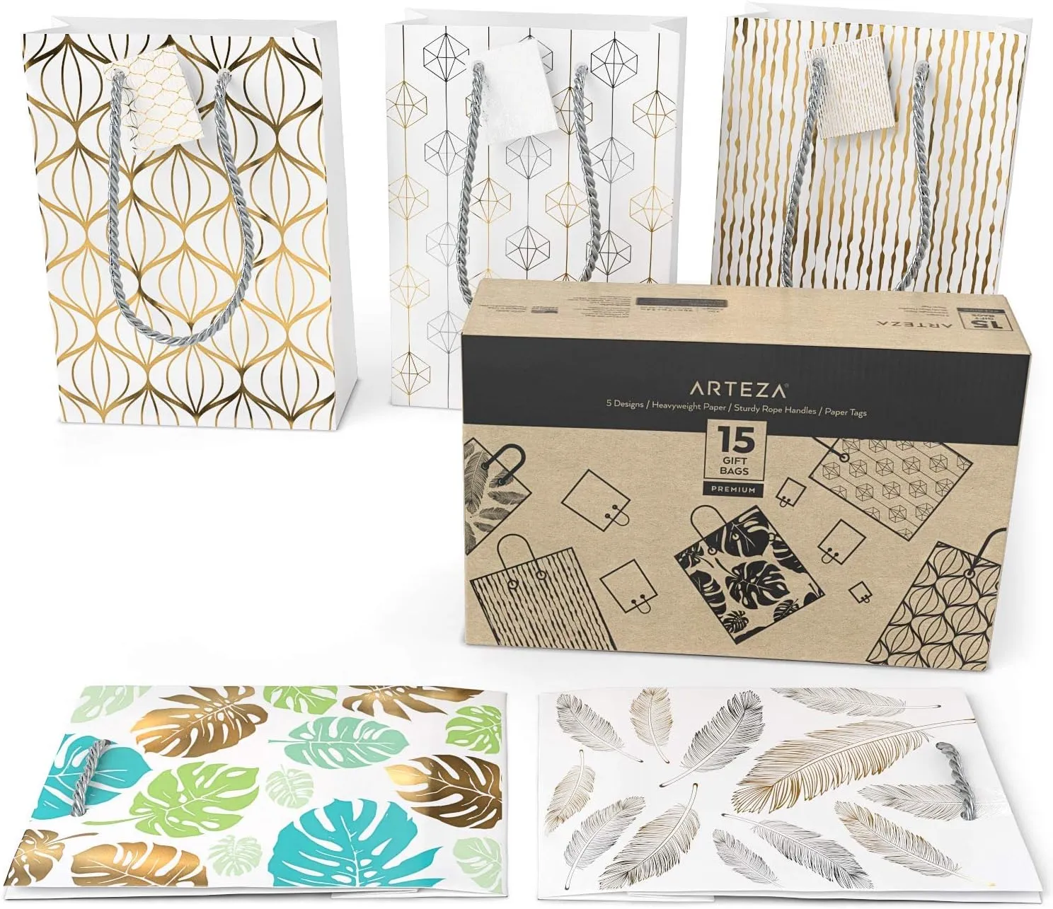 Arteza Gift Bags 9.5”x7”x3.4”, Set of 15 Bags (5 White Designs, 3 Pieces in Each Style), Perfect for Any Holiday Occasion, Graduations, Birthday Parties, and More!