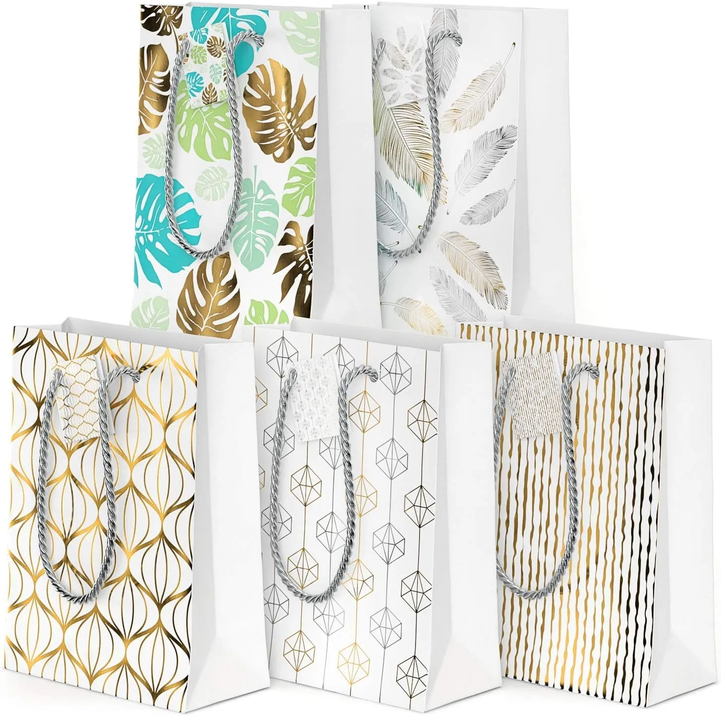 Arteza Gift Bags 9.5”x7”x3.4”, Set of 15 Bags (5 White Designs, 3 Pieces in Each Style), Perfect for Any Holiday Occasion, Graduations, Birthday Parties, and More!
