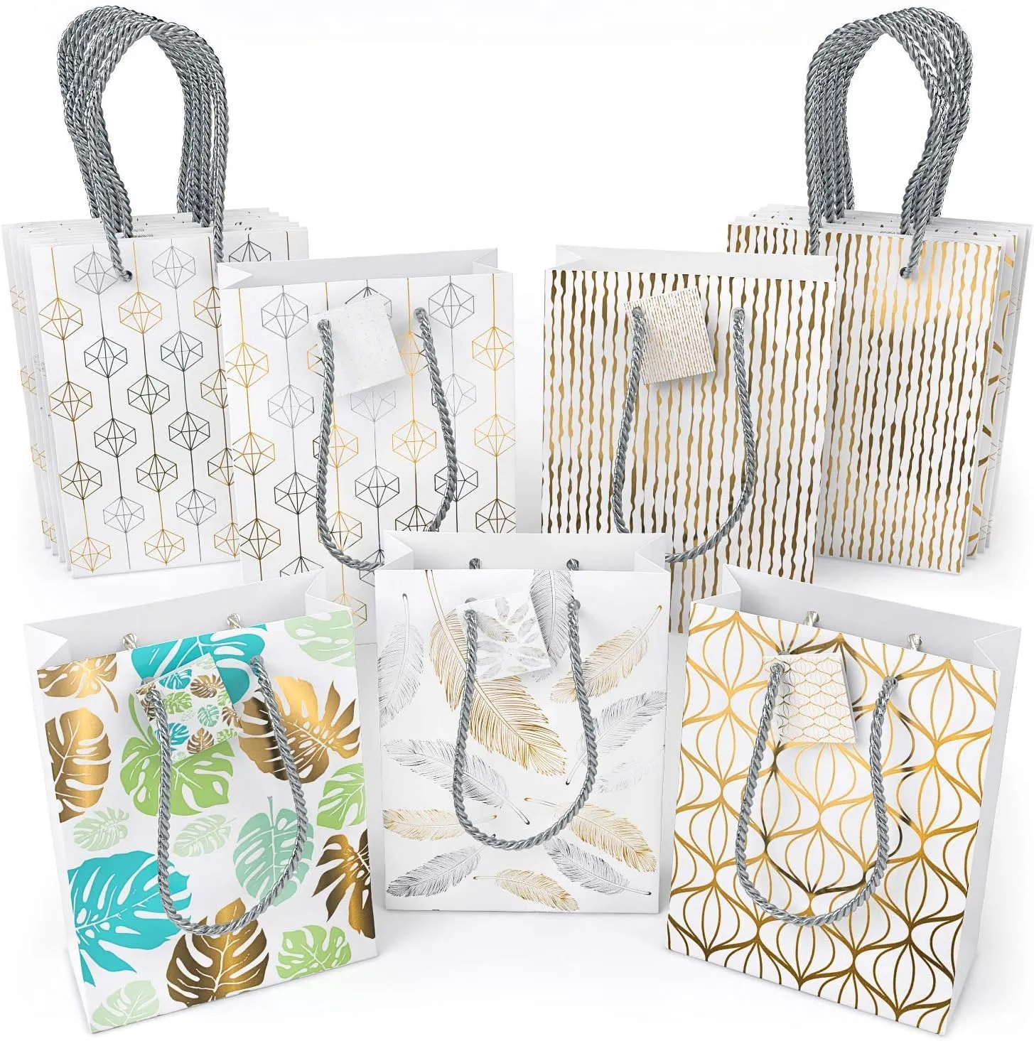 Arteza Gift Bags 9.5”x7”x3.4”, Set of 15 Bags (5 White Designs, 3 Pieces in Each Style), Perfect for Any Holiday Occasion, Graduations, Birthday Parties, and More!