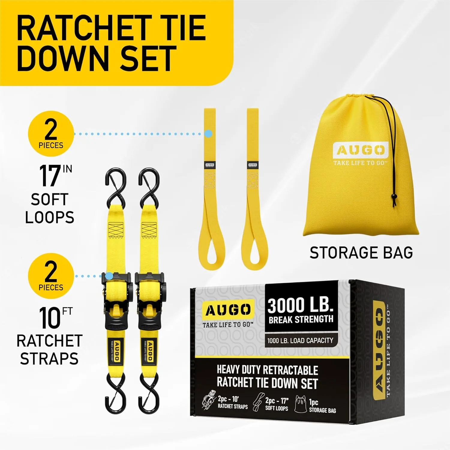 AUGO Retractable Ratchet Tie Down Straps –2PK– 10 FT – 3000 LB Break Strength – Safety Lock S Hooks –for Moving Cargo, Appliances, Lawn Equipment, Motorcycle – 2 Soft Loops, Storage Bag