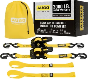 AUGO Retractable Ratchet Tie Down Straps –2PK– 10 FT – 3000 LB Break Strength – Safety Lock S Hooks –for Moving Cargo, Appliances, Lawn Equipment, Motorcycle – 2 Soft Loops, Storage Bag