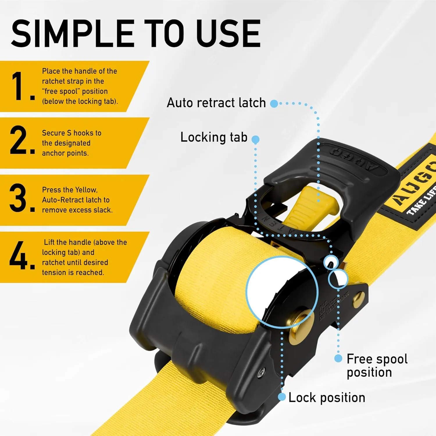 AUGO Retractable Ratchet Tie Down Straps –2PK– 10 FT – 3000 LB Break Strength – Safety Lock S Hooks –for Moving Cargo, Appliances, Lawn Equipment, Motorcycle – 2 Soft Loops, Storage Bag