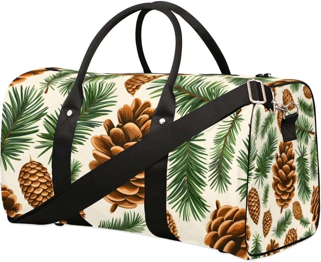 Autumn Pine Leaves Pine Cones Travel Duffel bag for Men Women Weekender Overnight Bag Gym Bag Carry On Luggage Bags for Yoga Workout Sports