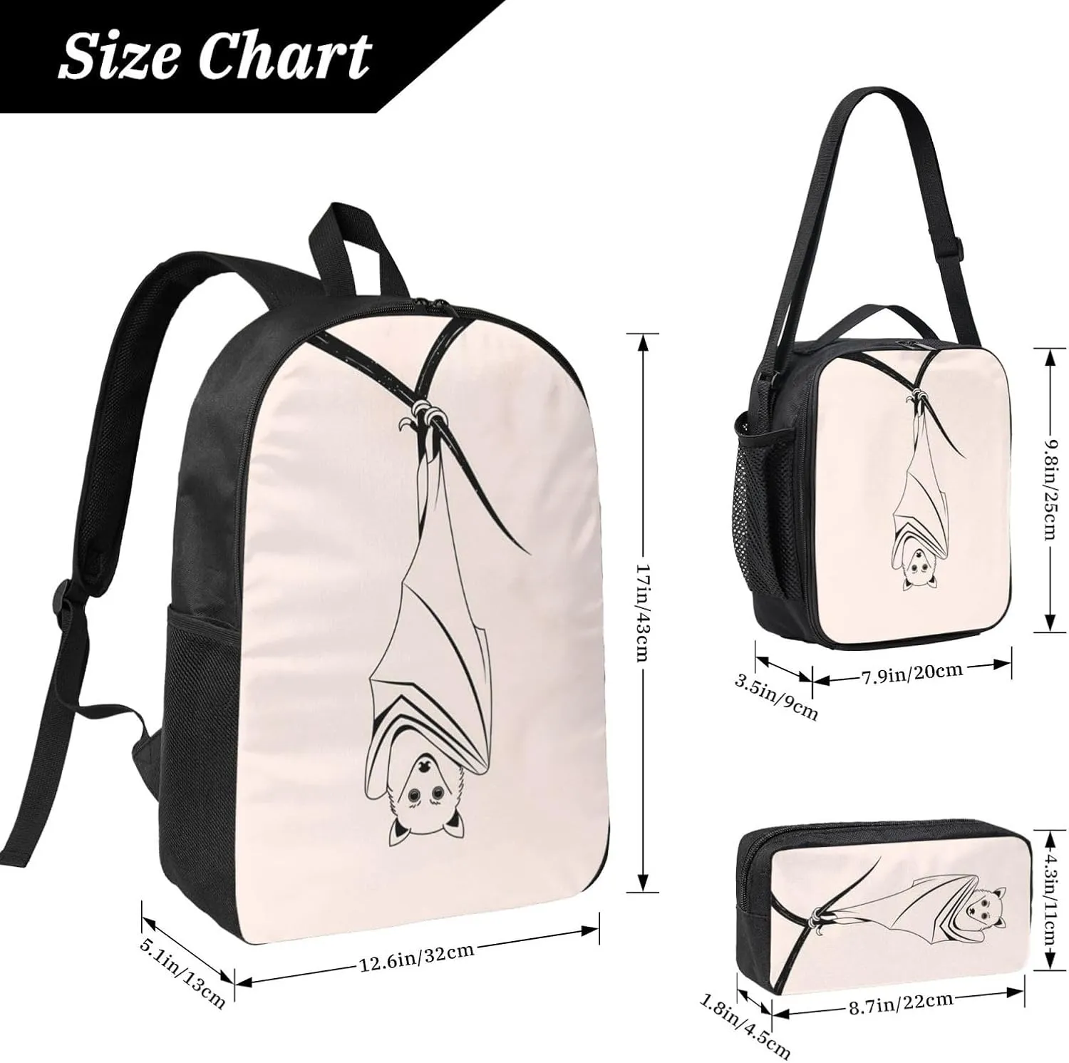 Backpack Lunch Box and Bag 3PCS Large Capacity Travel Backpack Suitable Work Outdoor Sport for Woman Man Upside-down Bat