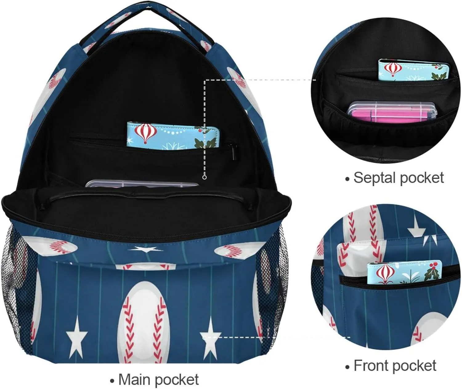 Backpacks for Teacher Nurse Waterproof Outdoor Backpack with Chest Strap for Travel Trip Blue and White Baseball Stars