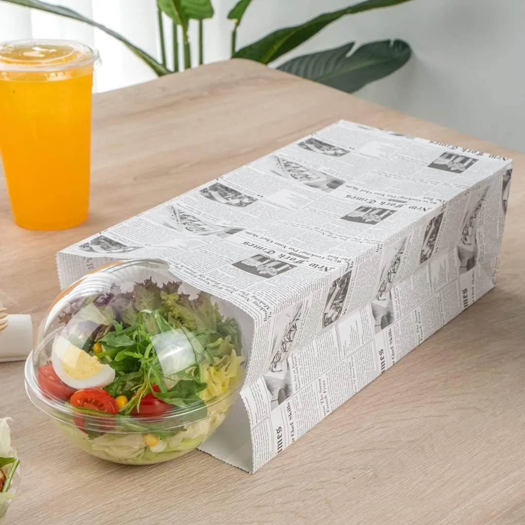 Bag Tek 8 Lb Disposable Lunch Bags, 100 Sturdy Take Out Bags - Flat Bottom, Microwavable, Newsprint Design Paper Bags, Freezable, Great For Restaurants, Cafes, And Bakeries - Restaurantware