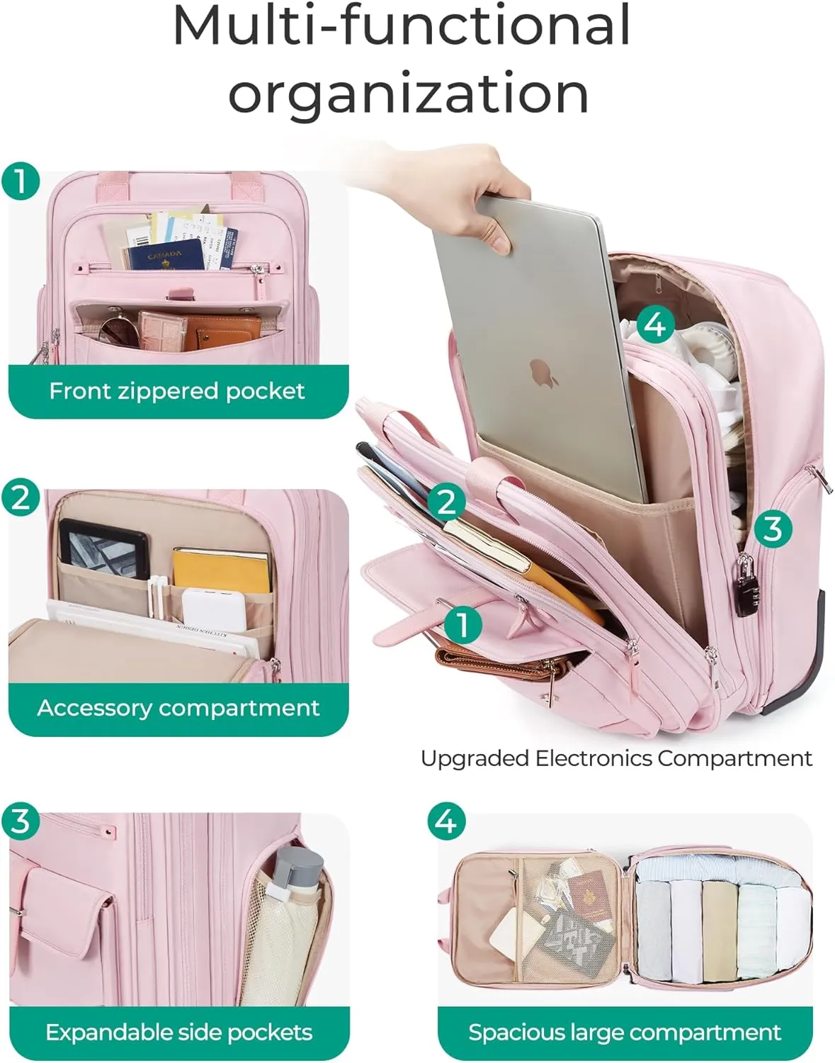 BAGSMART Carry on Luggage with Wheels, 16-inch Underseat Travel Suitcase Airline approved, Lightweight Softside Carry-on Luggage for Airplanes Women Overnight Rolling Bags for Short Trip, Baby Pink