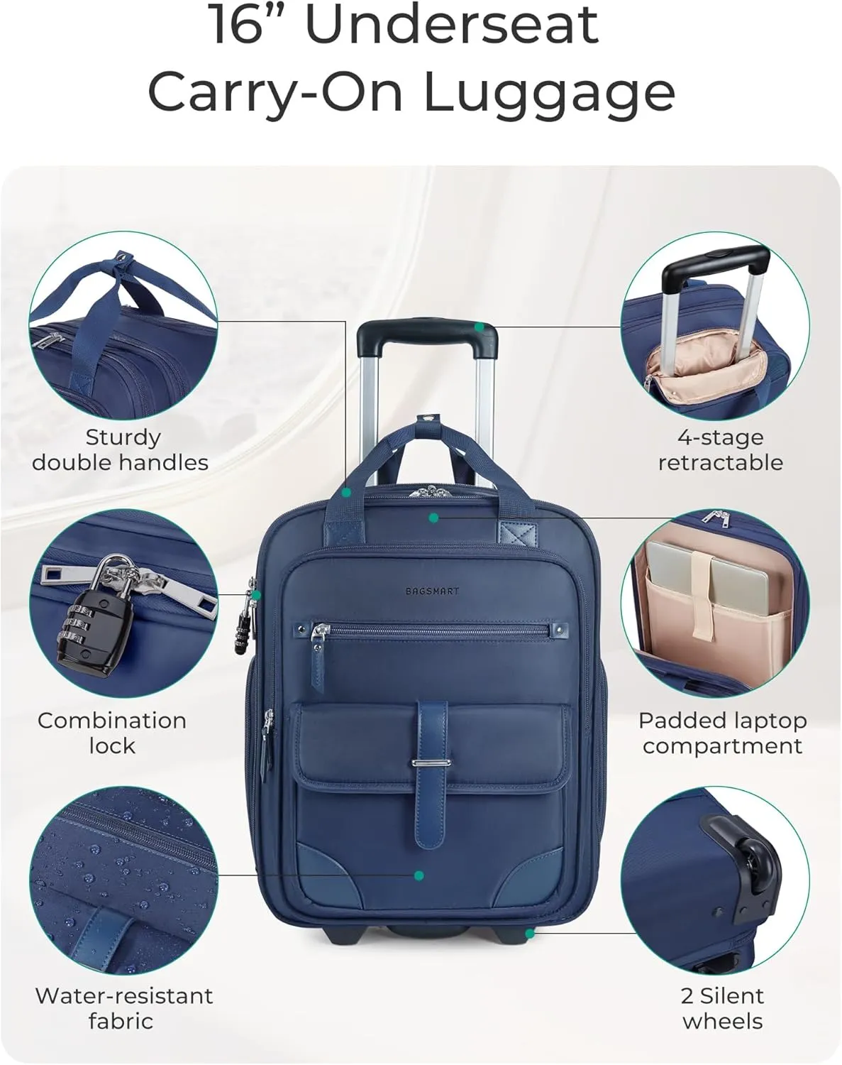 BAGSMART Carry on Luggage with Wheels, 16-inch Underseat Travel Suitcase Airline approved, Lightweight Softside Carry-on Luggage for Airplanes Women Overnight Rolling Bags for Short Trip, Navy Blue